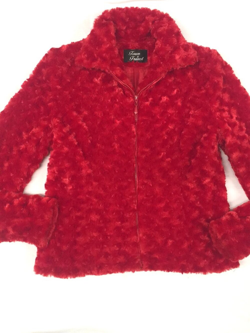 Y2K Retro Women's Small Red Faux Fur Plush Jacket Soft Winter Sherpa Size 4
